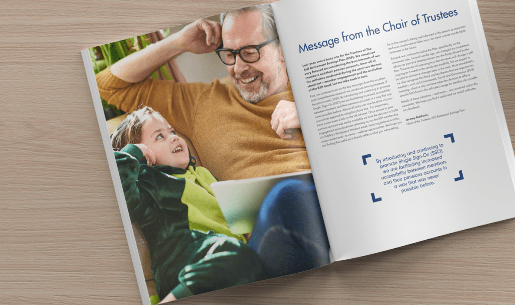 Double page spread with an image on left page and message from the chair of the trustees on right page.